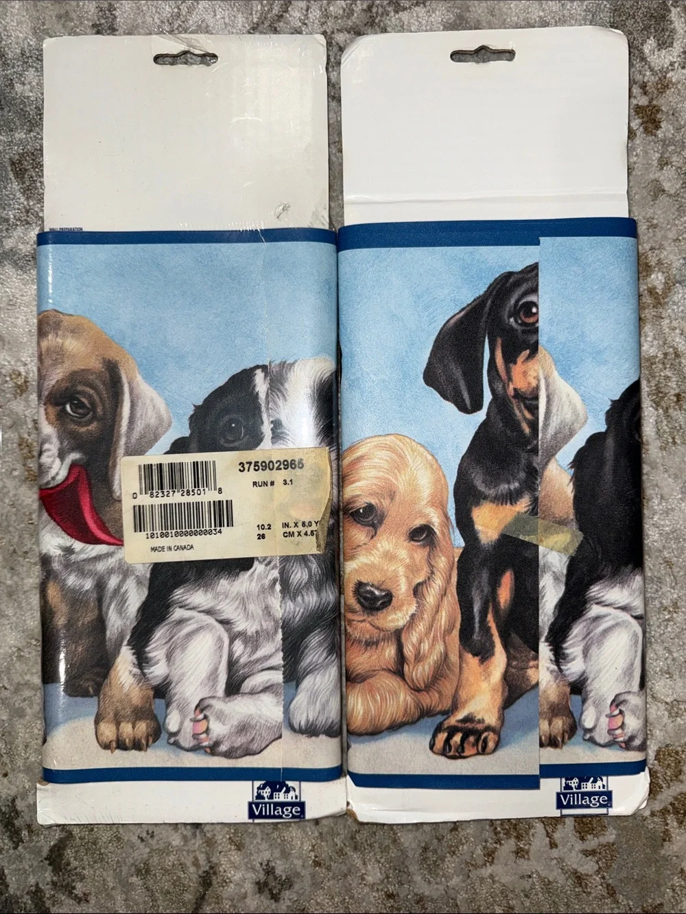 village Blue Puppy Dog Border with Multicolored Dogs. Vintage. Pets.